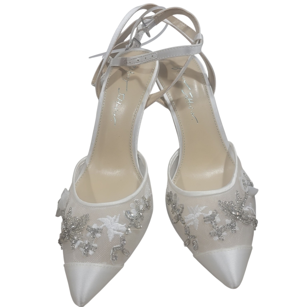 Embellished White Satin Ankle-Strap Pump - Picture 4 of 10